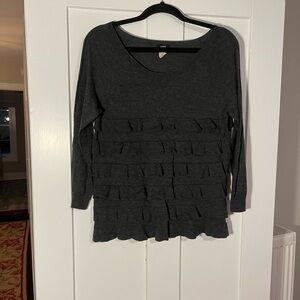 J. Crew Scoop Neck Gray Ruffle Sweater 3/4 Sleeves Small